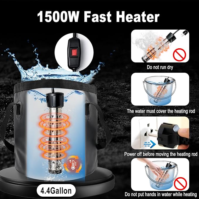 Rechargeable Camping Shower with Heater,1600W Water Heater,6000mAh Shower Pump with LED Display Foldable Bucket Outdoor