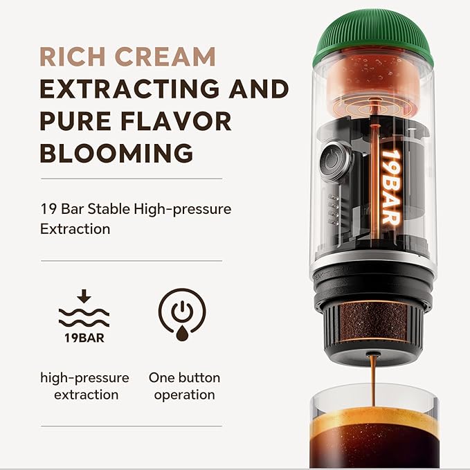 i Cafilas Fast self-heating Portable Electric Espresso Coffee Maker, 2 IN 1 Extraction Espresso Machine, Support Ground Coffee and NS capsule, for Travel,Car,camping,Climbing（Green） Rich Crema