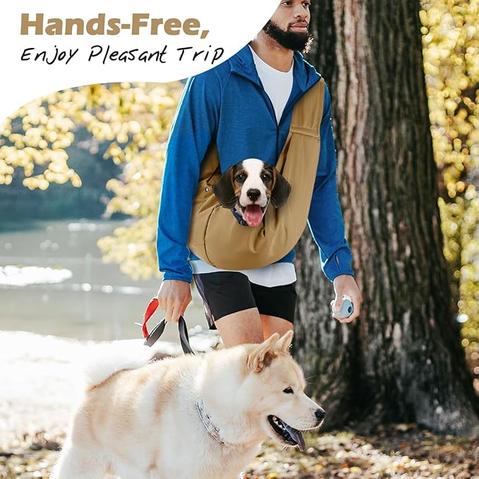 Pawaboo Small Dog Sling Carrier, Reversible Hands Free Dog Sling Carriers for Small Dogs and Cats, Puppy Slings Carrier with Safety Harness, Puppy Essentials, Khaki