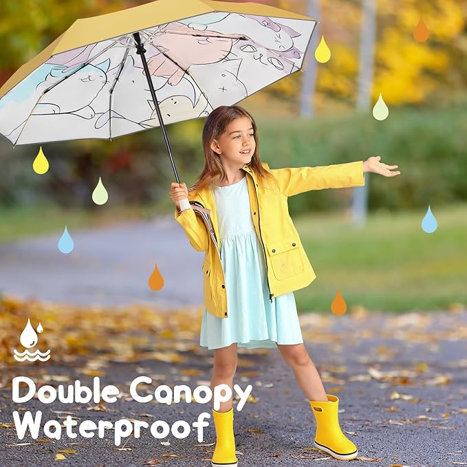 Kids Umbrella for Boys Girls, Yellow Cute Cartoon Automatic Folding Travel Umbrella with Reflective Stripe, Double Canopy Waterproof, 8 Ribs Windproof, Compact Rain Gear