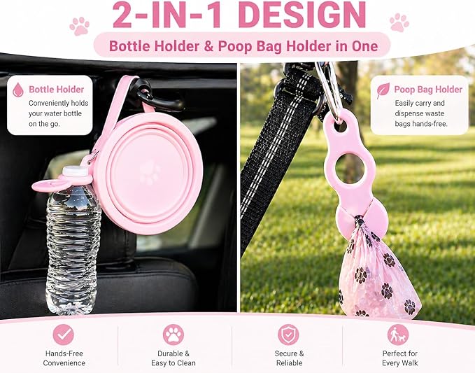 3-in-1 Travel Dog Bowl Set – 30 OZ Stainless Steel + 20 OZ Collapsible Water Bowl Lid | BPA-Free, Anti-Slip, Portable Dog Bowl w/Handle/Poop Bag Holder with Carabiner | Pink Bowls