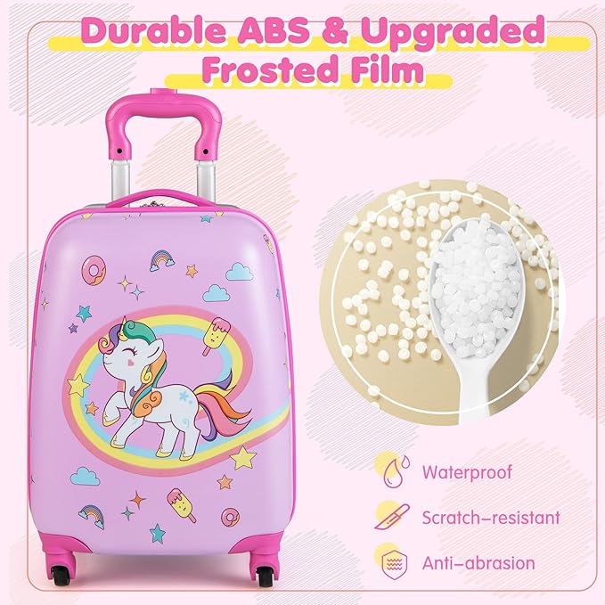 BABY JOY 2 Pcs Kids Luggage Set, 16" Carry-on Luggage Trolley Case & 12" Backpack w/Rolling Wheels, Retractable Handle, Lightweight Airline-approved Design, Kids Suitcase for Girls Boys (White Pony)