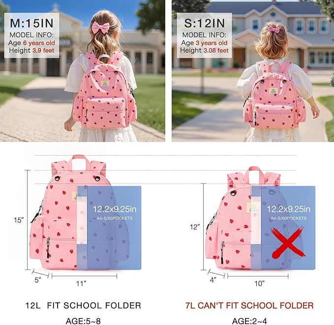 STEAMEDBUN Corduroy Toddler Backpack for Girls 2-4: Kids backpack for Boys Girls - 12 inch Preschool Kindergarten Backpacks - Strawberry