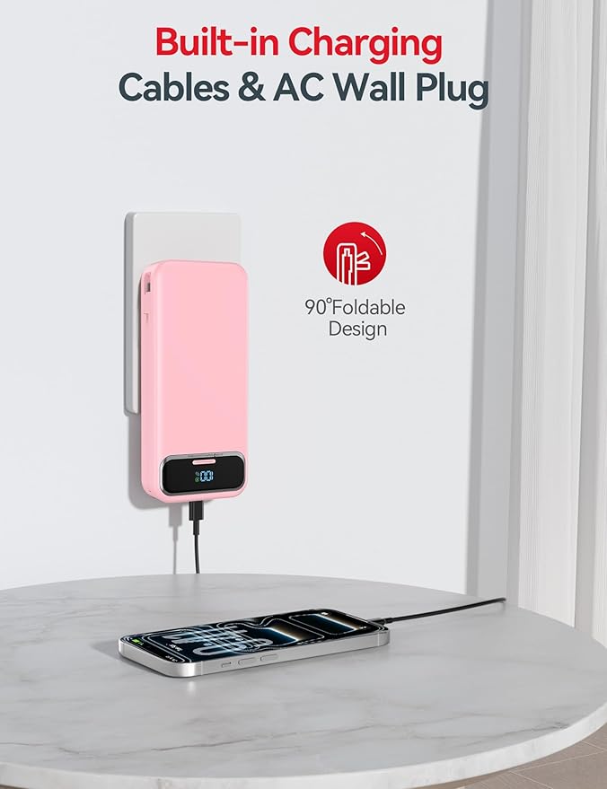 20000mAh Lightweight-Portable-Charger-Power-Bank with Built-in Cables and AC Wall Plug, PD20W USB-C Fast Charging Battery Pack, LED Display External Travel Phone Charger for All iPhone,Samsung,Android