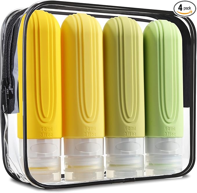 Mrsdry Travel Bottles for Toiletries, Tsa Approved 3oz Travel Size Containers BPA Free Leak Proof Refillable Liquid Silicone Squeezable Travel Accessories for Shampoo Conditioner Lotion (4 Pack)