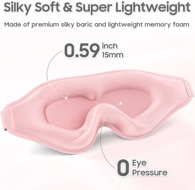 Sleep Mask - Total Blackout 3D Sleeping Mask, Super Lightweight & Silky Soft Eye Mask for Sleeping, Fully Adjustable Fit for Home, Office, Traveling, Meditation, Yoga, Pink, Mothers Day Gifts