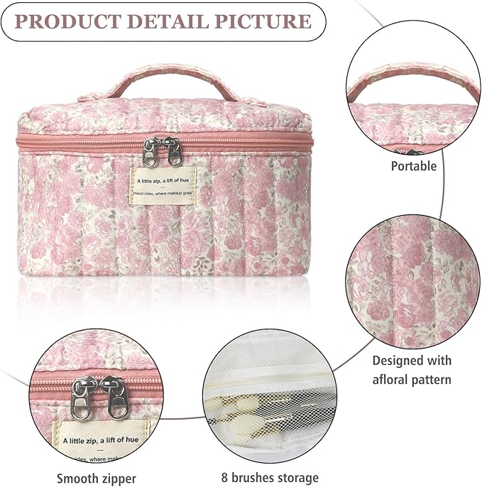Gosect Large Makeup Bag, Cute Cosmetic Bag for Women Girls, Floral Coquette Aesthetic Toiletry Bag, Travel Make Up Organizer Bag (Crushed Flower)