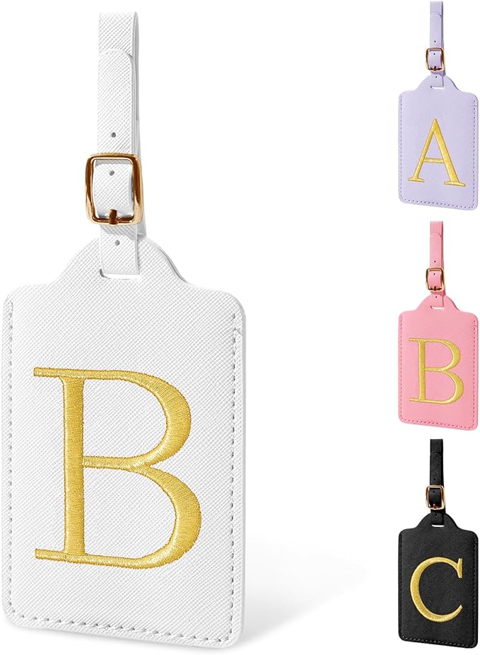 Personalized Initial Luggage Tags for Suitcase TSA Approved, White Leather Cute Luggage Tag with Privacy Cover Name Card, Embroidered Custom Luggage Tags Travel Baggage Tags Gifts for Women Kids(B)