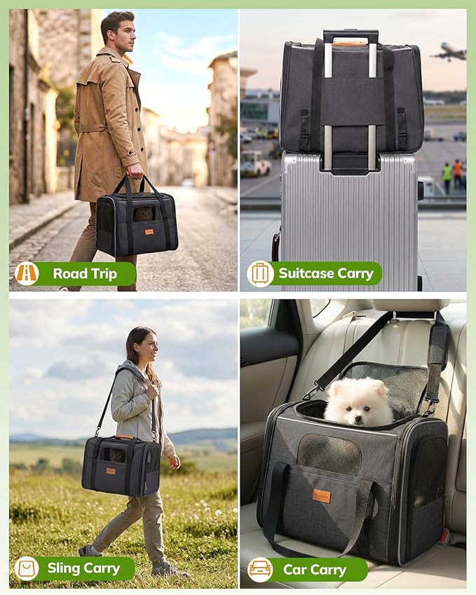 Morpilot Pet Carrier for Large Cats, Puppies & Small Dogs Up to 25lbs, Escape-Proof with Locking Zippers, Dual-Sided Cushion, Safety Buckle for Car & Vet Travel, Includes Foldable Bowl (Dark Gray)