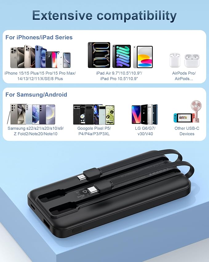 AsperX 2-Pack 10000mAh Portable Charger with Built-in Cables, USB C Travel Essential Battery Pack with 4 Outputs 2 Inputs,LED Display Power Bank with Cord Wires for iPhone Samsung Google Pixel iPad