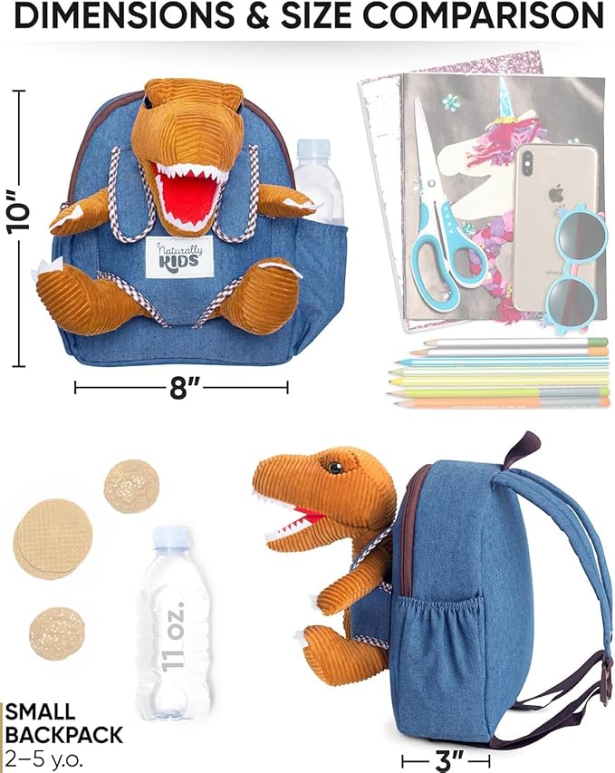 Naturally KIDS 【Upgraded】 Toddler Backpack with Detachable Dinosaur Toy for Boys | Side & Inner Pockets, Reflective Logo | Dinosaur Backpack for Kids 3-5