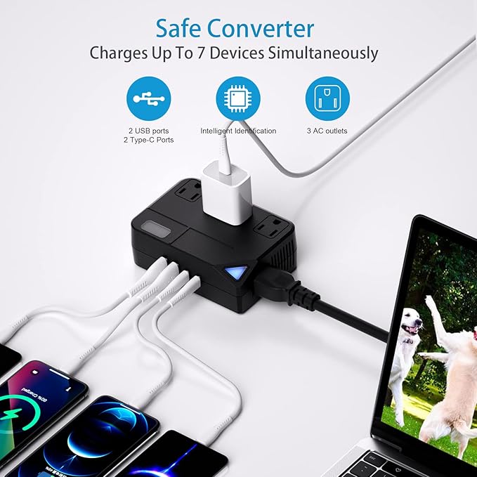 250W Conversion Plug, International Travel Converter with 2 USB and 2 USB-C Ports, lowering 220V to 110V for 100V-240V Areas and Different Countries Plugs Using US Electrical Devices