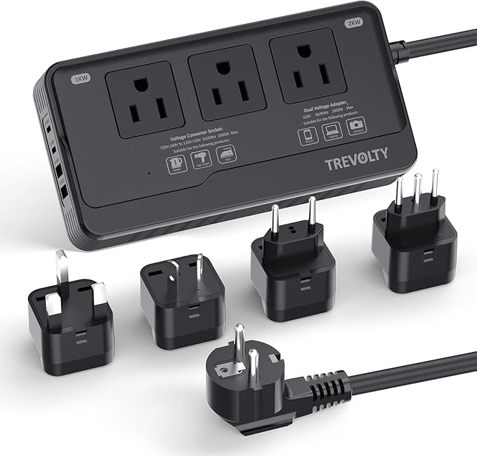 2000W Voltage Converter US to Europe for Hair Dryers, 7-in-1 220V to 110V Converter for European Travel with 3 AC/2 USBA/2 USBC Ports, Universal Power Converter Adapter Combo with EU/UK/IT/AU