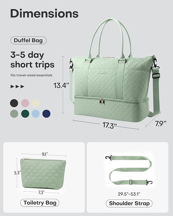 HOTOR Travel Duffel Bag - Weekender Bags for Women, Gym Tote Bags with Shoe Compartment, Carry On Overnight Bag with Toiletry Bag for Travel Essentials and Travel Accessories, Green, 13.4"×17.3"×7.9"