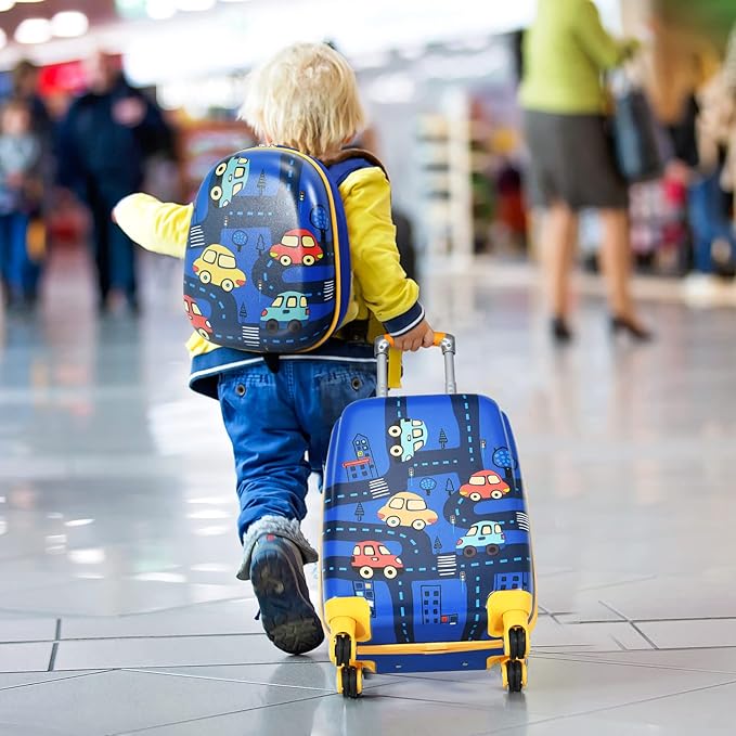 GYMAX 2Pc Kid Carry On Luggage Set, 12" & 18" Kids Suitcase with 4 Spinner Wheels, Travel Rolling Trolley
