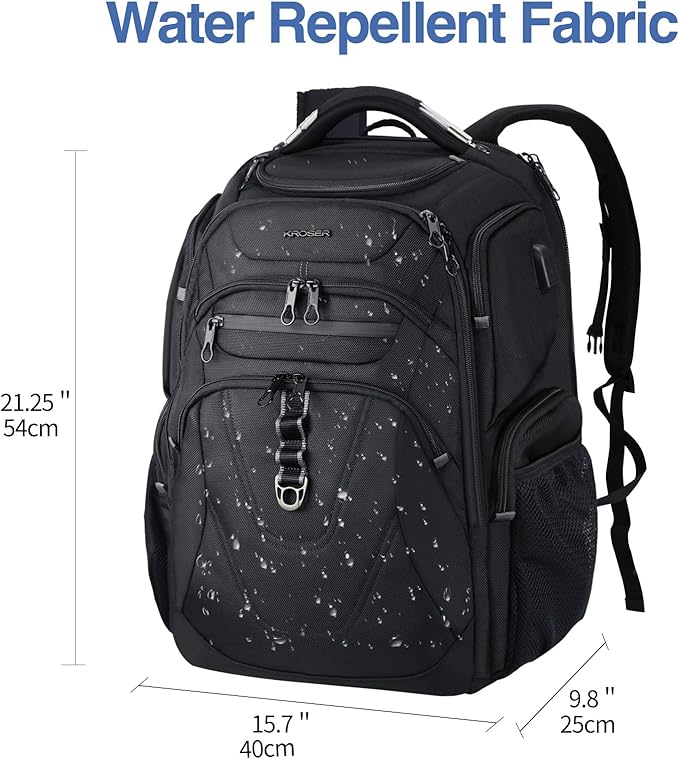 KROSER TSA Friendly Travel Laptop Backpack 18.4 inch XXXL Gaming Backpack Water-Repellent College Daypack Business Backpack with RFID Pockets & USB Port for Men/Women-Black | TSA Friendly