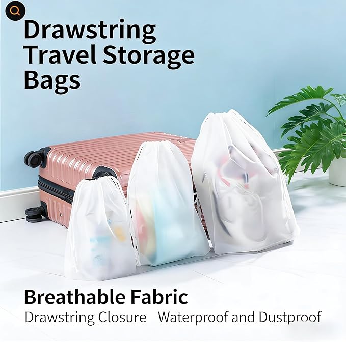 15-piece travel white frosted drawstring storage bags for gym clothes, underwear, shoes, and clothing packaging. 3 sizes, 5 pieces each (15.7 x 11.8 in; 7.9 x 11.8 in; 7.0 x 9.8 in)