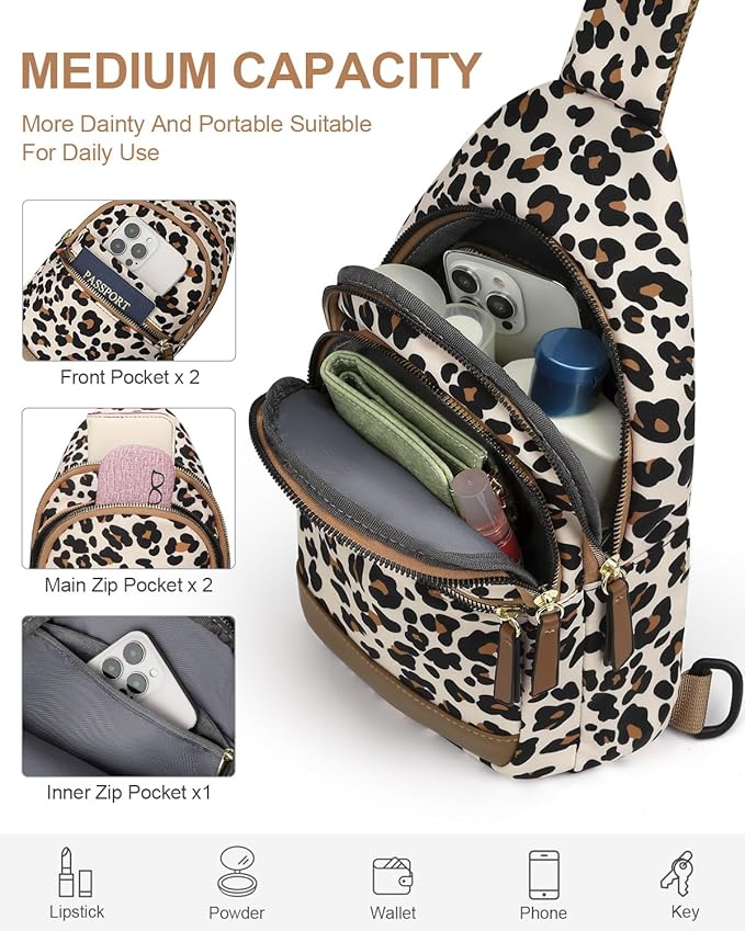Capolo Sling Bag for Women Men Waterproof Crossbody Bags for Women Trendy Casual Fanny Pack with Convertible Shoulder Strap Chest Bag for Travel Hiking(Leopard, Medium)