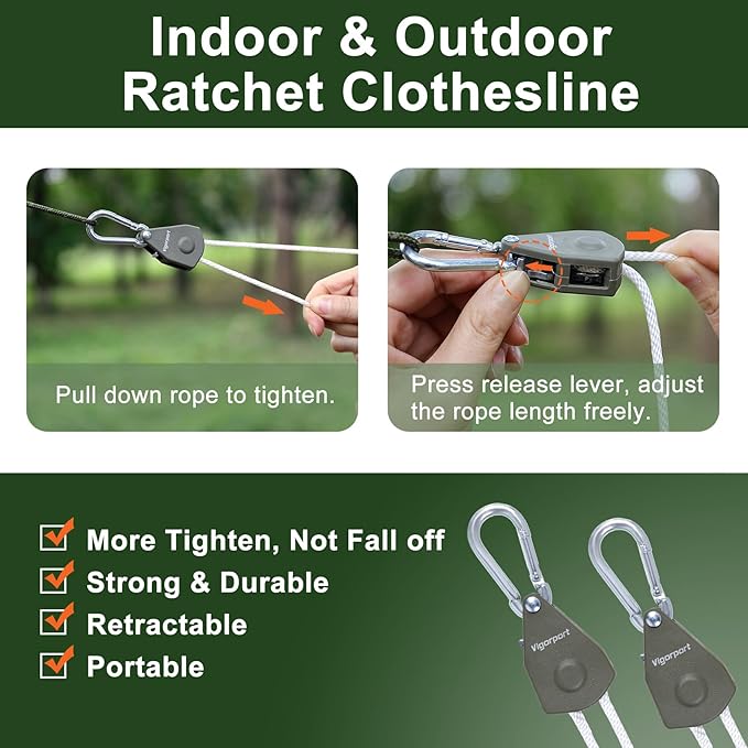 Vigorport Retractable Travel Clothesline, Portable Clothes Line Heavy Duty Rope Pully System with Carabiner for Outdoor Camping, Cruise Ships, Indoor Backyard, Balcony (19Ft, 2 Pack)