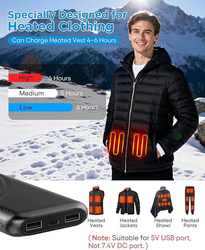 Heated Vest Battery Pack,10000mAh 5V 2A Power Bank Specially Designed for Heated Jacket, Heated Clothes,Heated Coat,Heated Pants.