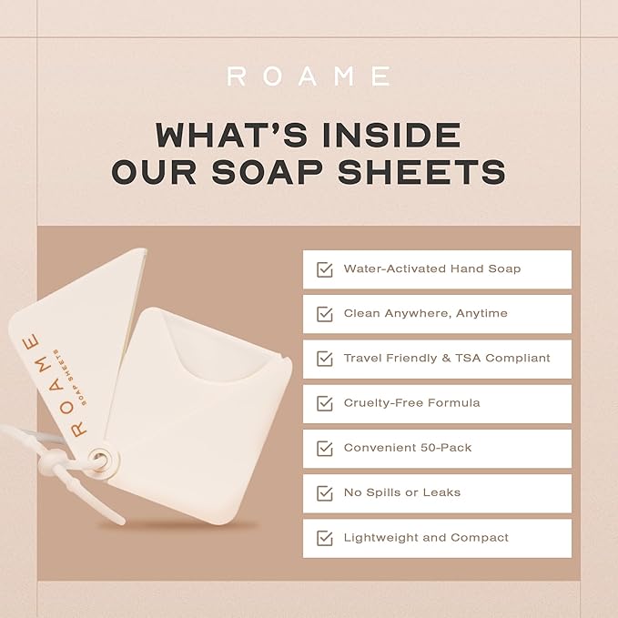 Roame Portable Soap Sheets for Traveling, Ultra-Thin Soap for Hand Hygiene, Dissolvable, Water-Activated & Compact, Cruelty-Free, Use in Travel Kits, Camping Essentials & On-the-Go Use, 50 Pack