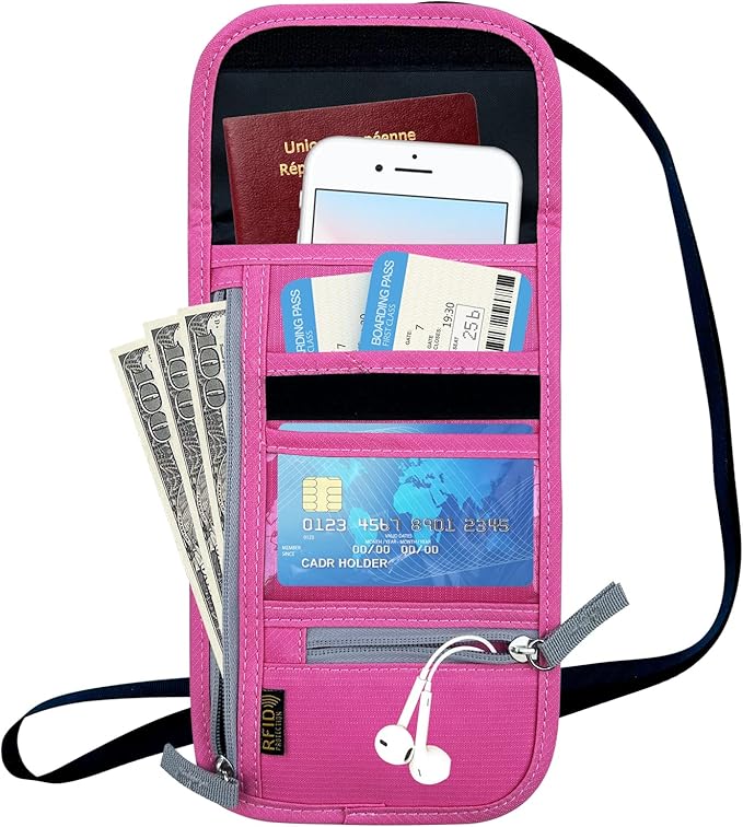 Travel Neck Wallet, RFID Blocking Passport Holder with Adjustable Neck Strap for Men and Women to Keep Cash, Credit Cards and Travel Documents Safe - Rose