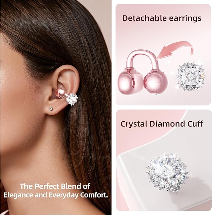 Kinglucky Clip-On Open Ear Earbuds with Detachable Diamond Earrings, Bluetooth 5.4 Open Ear Wireless Headphones for Women, 40H Playtime, Comfortable Small-Ear Fit, Rose Gold