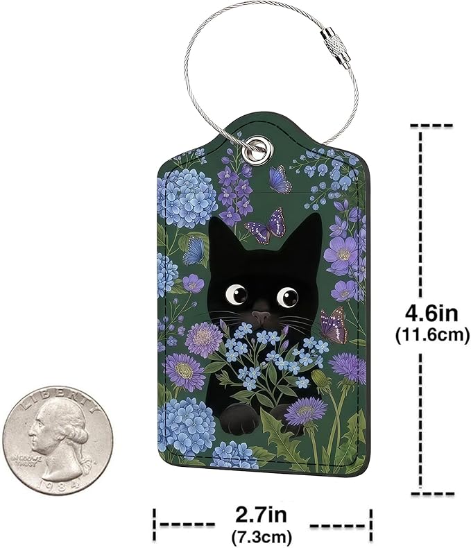 2 Pack Luggage Tag for Suitcase, Cute Unique Leather Bag Tags Identifiers Privacy Cover ID Label with Durable Steel Loop for Women Men Kids Girls Travel (BlackcatskyB)