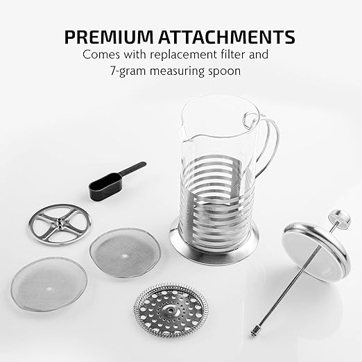 OVENTE French Press Coffee Maker 34 Ounce with Heat Resistant Borosilicate Glass, Stainless Steel Design and 4-Level Filter System, Portable Cold Brewer Pot for Travel, Camping or Gift, Silver FSH34S