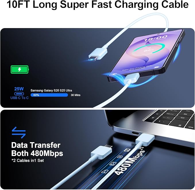 Super Fast Charger Type C, 25W USB C Wall Charger Fast Charging for Samsung Galaxy S26 Ultra/S26/S26+/S25 Ultra/S25/24 Ultra/S24/S23 Ultra/S22 Ultra with 10FT Long Android Type C Charger Cable 2Pack