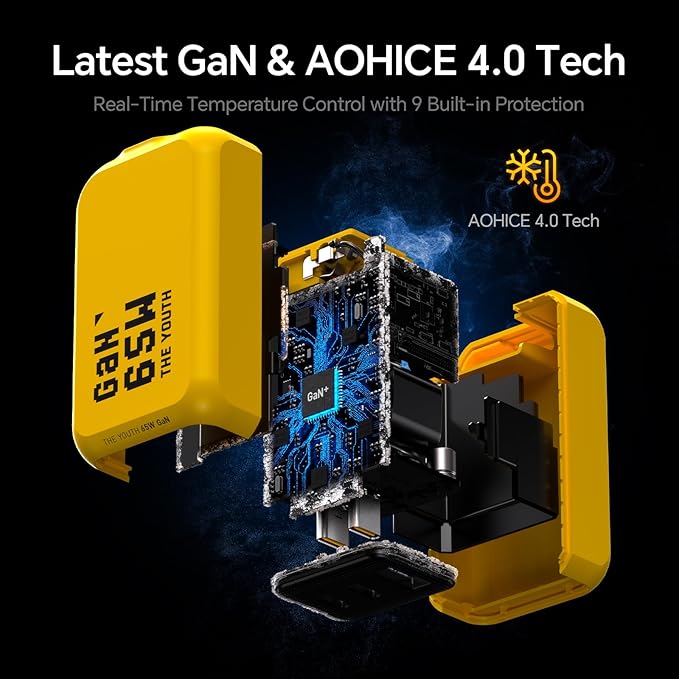 AOHI Youth 65W GaN+ USB C Charger Block, 3-Port PPS Type C Compact Foldable Laptop Fast Wall Charger for MacBook Pro/Air, iPad Pro, iPhone 17/16 Pro Max, Galaxy S24, Pixel, Steam Deck and More, Yellow