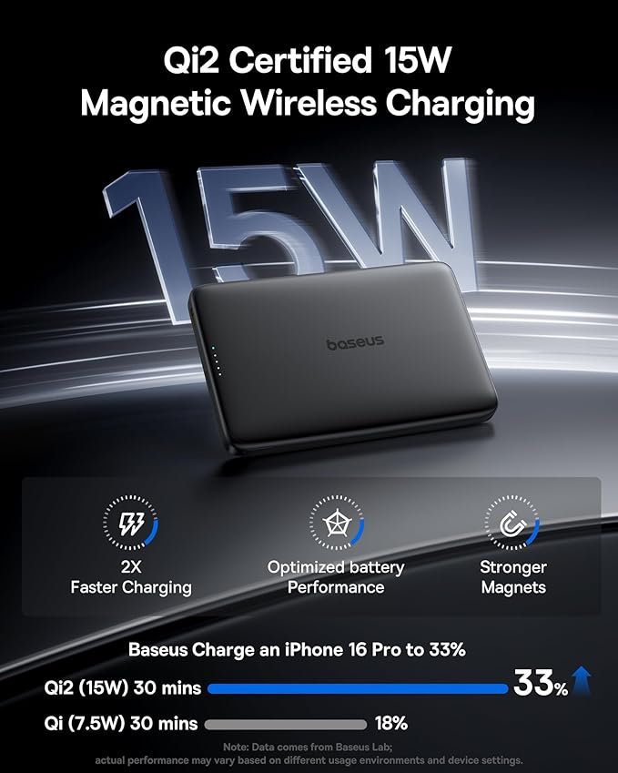 Baseus Picogo Magsafe Portable Charger, Qi2 15W 0.5" Ultra Slim 10000mAh Wireless Power Bank, 27W Fast Charging Magnetic Battery Pack with USB-C for iPhone 17 Pro Max/17 Pro/Air/16/15/14/13/12