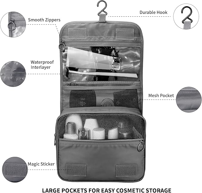 Lcsmaokin Large Capacity Travel Toiletry Bag with Hanging Hook for Men and Women Waterproof Travel Bathroom Storage Bag for Brushes Set,Mens Bathroom Bag Accessories-Black