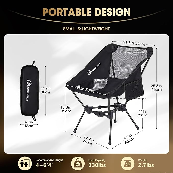 MOON LENCE Portable Camping Chair，Lightweight Backpacking Hiking Chairs,Compact,Foldable,with Anti-Sinking Large Feet for Beach,330 lbs Capacity (Black, Standard)