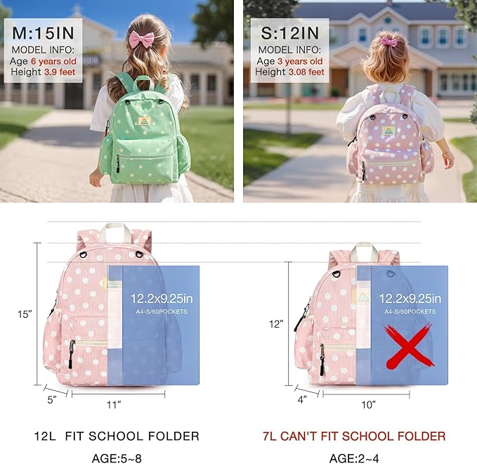 STEAMEDBUN Corduroy Kids Backpack for Girls and Boys 5-8: Girls Backpack for Elementary Kindergarten - 15 inch Cute Backpacks for Kids - Polka Dot