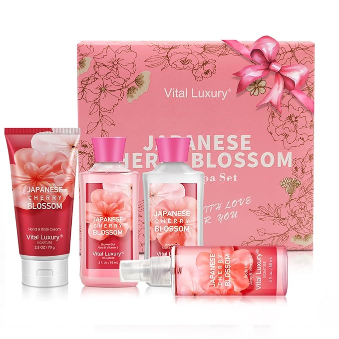 Mother’s Day Gift Set for Women – 4PC Japanese Cherry Blossom Luxury Spa Kit with Hand Cream, Body Lotion, Shower Gel & Mist, Relaxing Self Care Travel Bath and Body Set for Mom, Wife, or Her