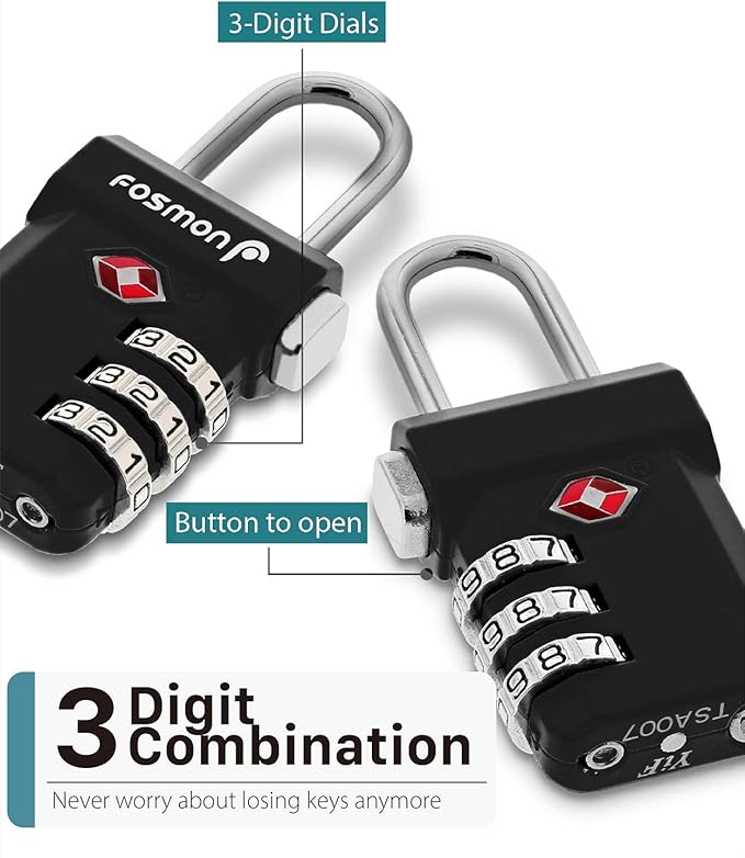 Fosmon TSA Approved Luggage Locks, Suitcase Travel Lock with Push Release Button for Extra Security, 3 Digit Combination Padlock for Gun Case Backpack Zipper Anti Theft Gym Locker - Black, 2 Pack