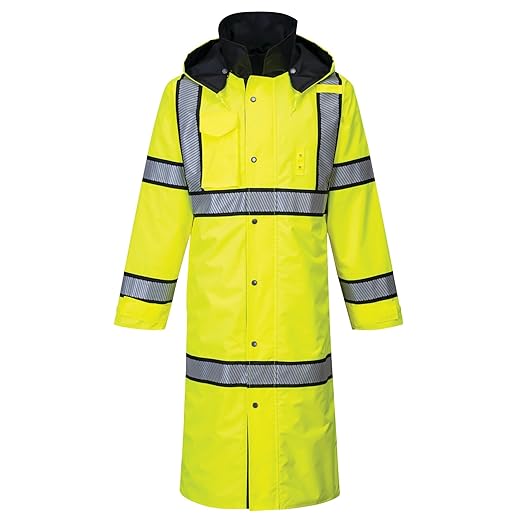 Portwest UH447 Waterproof Reversible Raincoat Hi Vis Reflective Long Safety Rain Jacket Yellow/Black, 5X-Large