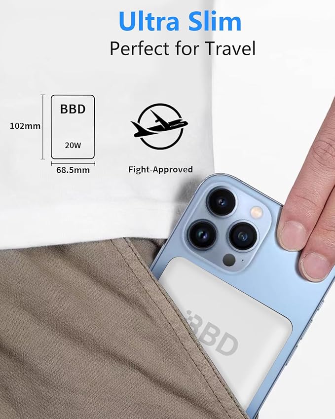 BBD Magnetic Power Bank for iPhone,12000mAh Magsafe Battery Pack with 20w Fast Charging,Slim Magsafe Power Bank USB C in&Out,Wireless Portable Charger for iPhone 17/16/15/14/13/12 Series-White