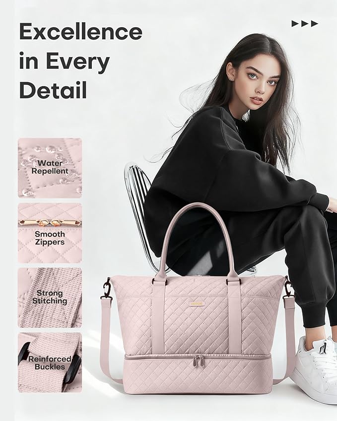 HOTOR Travel Duffel Bag - Weekender Bags for Women, Gym Tote Bags with Shoe Compartment, Carry On Overnight Bag with Toiletry Bag for Travel Essentials and Travel Accessories, Pink, 15.8"×18.1"×8.7"