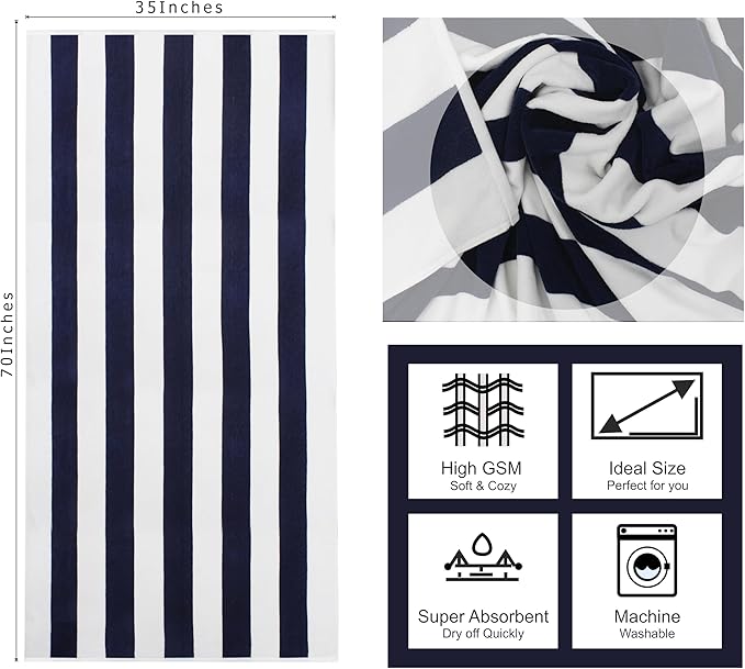 COTTON CRAFT Oversized Beach Towel - 2 Pack 35 x 70 inches XL Beach Towel - 100% Cotton Velour - Big & Huge - Thick Plush 450 GSM Super Soft Luxury Towel - Pool Picnic Bath - Cabana Stripe Navy