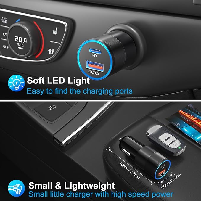 Car Charger USB C, 2 Pack 36W Dual Ports USB-A & USB-C Car Charger Adapter QC/PD 3.0 Fast Charging Cigarette Lighter Phone Plug for iPhone 17 16e 15 Pro Max Galaxy Pixel Android Cargador para Carro