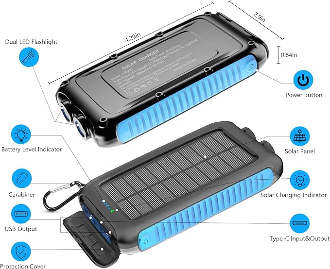 Solar Power Bank 49800mAh Portable Solar Phone Charger with LED Flashlight/15W Fast Charge USB C Waterproof External Backup Battery Pack for All Cell Phones & Electronic Devices