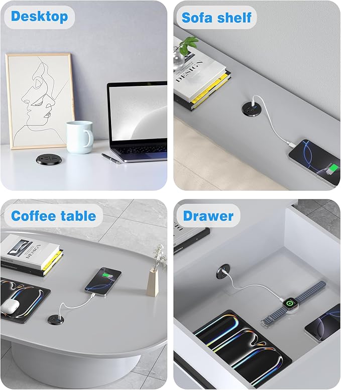 2 Pack Desk Power Grommet Outlet, 2 inch Recessed Power Outlet with 20W USB-C Fast Charging, for Conference Rooms, Office Tables, Furniture, 6FT Cord(ETL Listed)