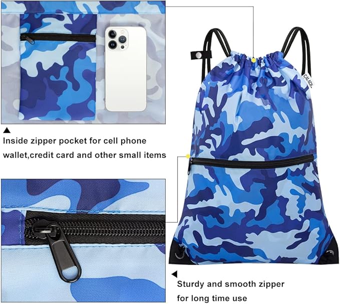 draw string back bag, Large Gym Sports string backpack for men and women with front zipper pocket and inside zipper pocket to keep key or phone(blue camo)