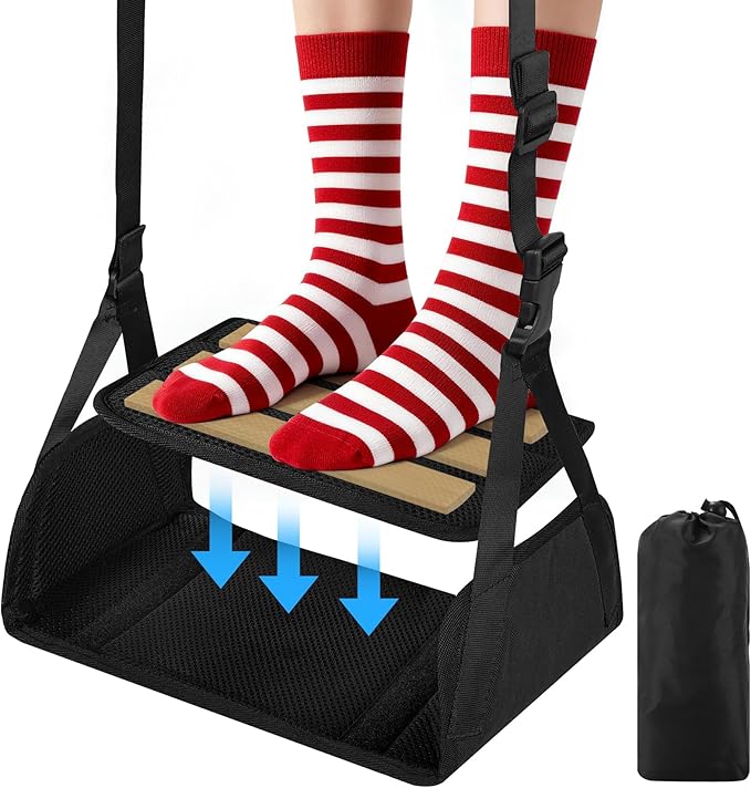 Airplane Foot Hammock for Plane Travel, Detachable Bamboo Airplane Foot Rest for Long Flight, Desk Foot Hammock with Extended Adjustable Strap to Relax Your Feet, Foot Sling Travel Essentials