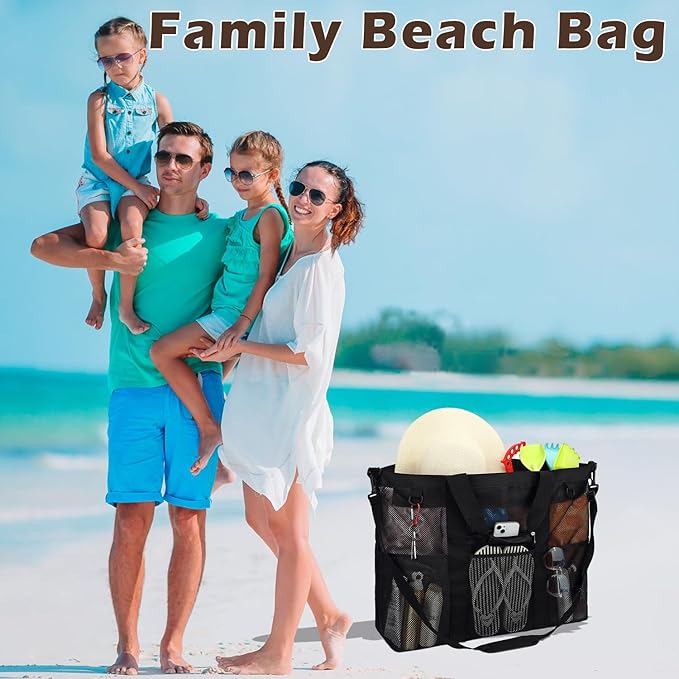 Fammart Mesh Beach Bag with Zipper, Large Beach Tote for Women, Toys Pool Swim Bag Travel Vacation Cruise Essentials