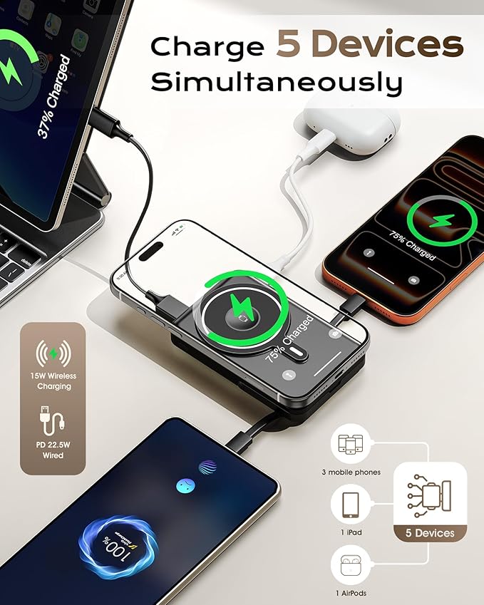 for Magsafe Portable Charger, Magnetic Power Bank with Foldable Stand, PD 22.5W Fast Charging with USB-C Cable, Wireless Portable Charger for iPhone 17/16/15/14/13/12 Series, Black
