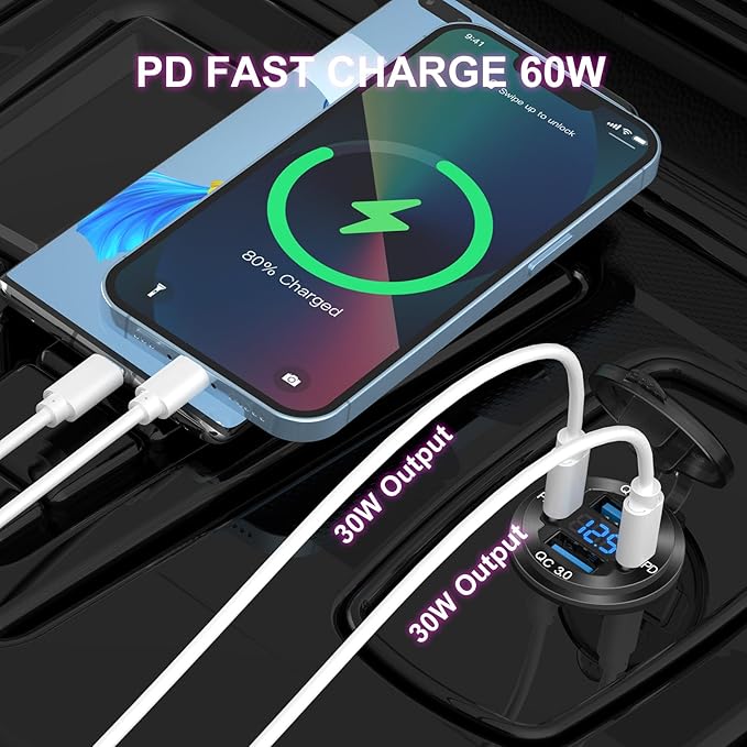 2 Pack 4 Port 12V USB Outlet Aluminum Charger, 78W Dual PD & QC Multiple USB Port for Car, USB C Cigarette Lighter Replacement 12 Volt Socket with Voltmeter Waterproof for Marine Boat Motorcycle RV