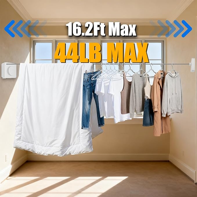 Retractable Clothesline Indoor & Outdoor, 16.2 Feet Stainless Steel Washing Line, Non-Sagging Wall Mounted Heavy Duty Laundry Line, Easy Installation Space-Saving Clothing Dry Rack (White)